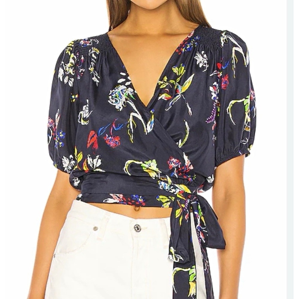 Tanya Taylor Silk Floral Wrap Top Navy Blue Smocked Puff Sleeve Size 6 NWT